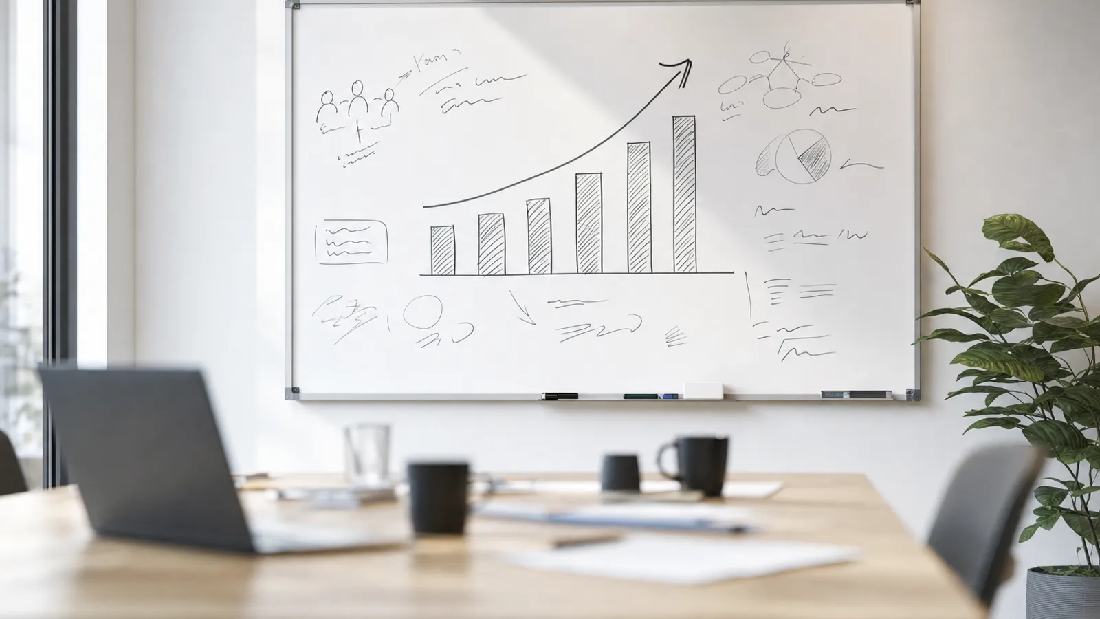Whiteboard mit steigendem Diagramm: Wann sich KI-Agentur-Kosten amortisieren