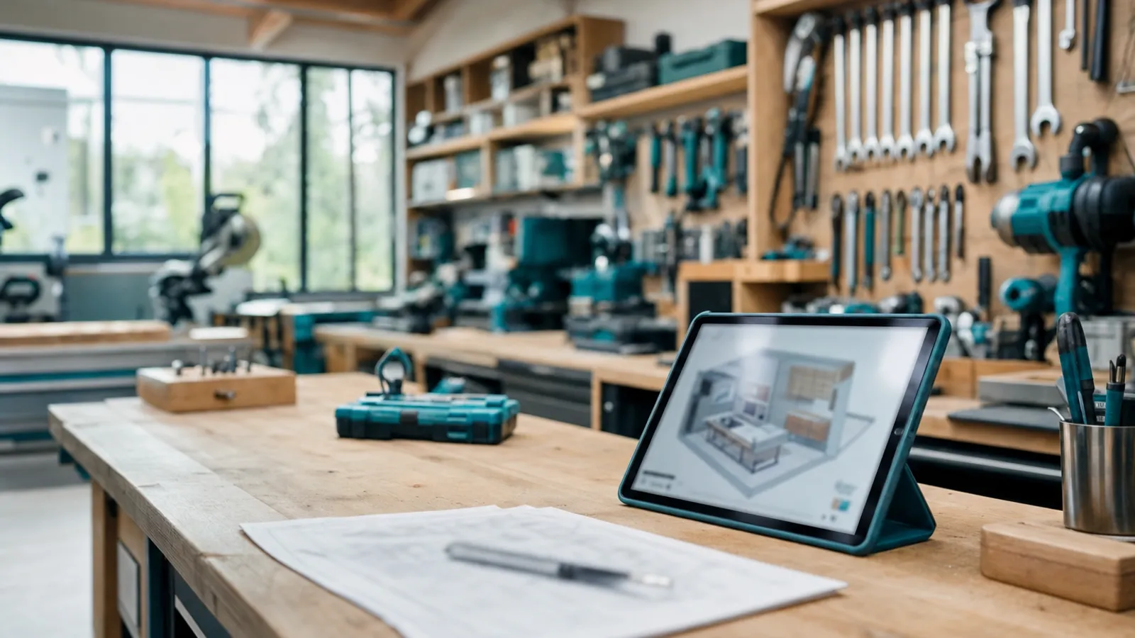 Moderne Werkstatt eines Handwerksbetriebs mit Tablet und digitaler Planungsansicht