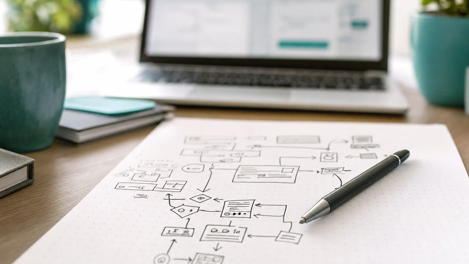 Schreibtisch mit Laptop und skizziertem Automatisierungs-Workflow auf Papier