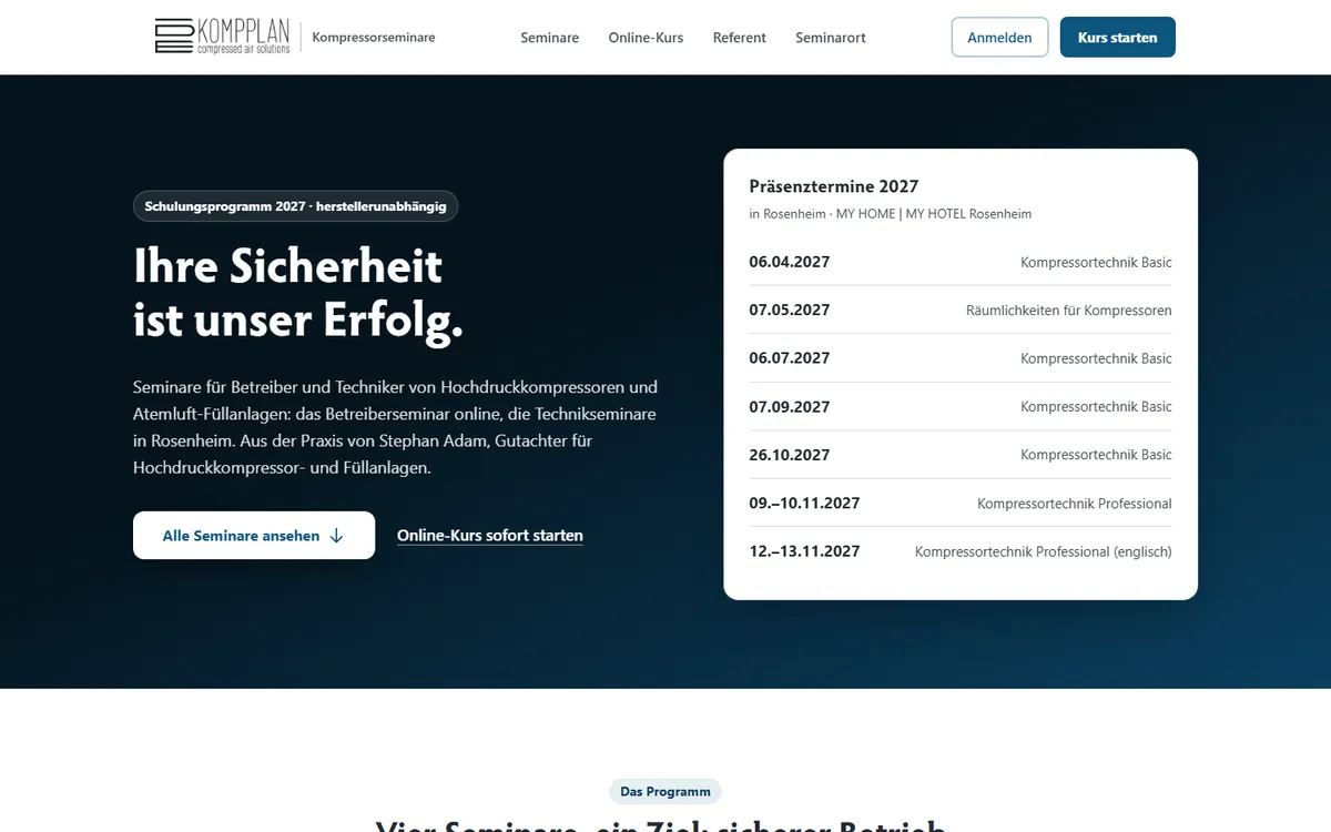 Startseite von kompplan.de mit dem Seminarprogramm 2027